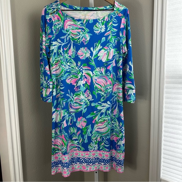 Lilly Pulitzer Sophie Boat Neck Gold Button Dress Blue Flare Fancy Fins Print - Picture 4 of 11